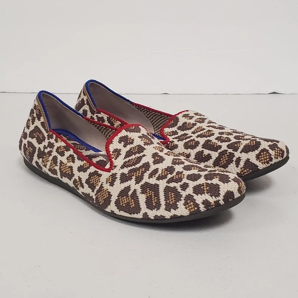 Rothy Womens Retired The Loafer Knit Mocha Spot Animal Print Flats Size 7 Office